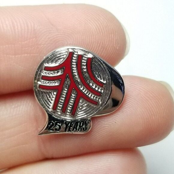 Vintage Sterling Silver 25 Years Company Logo Red Enamel Lapel Pin Brooch - Picture 2 of 7